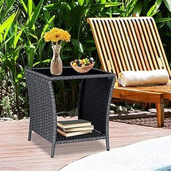 Alternative view of KINTNESS Patio Wicker Side Coffee Table Coffee Bistro Glass Table Outdoor Backyard Lawn Balcony Pool Square Tempered Glass Top Wicker Rattan End Table Furniture with Storage (Black Sliver)