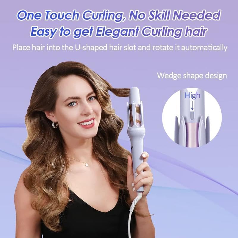 Automatic Curling Iron, Professional Anti-Tangle Automatic Hair Curler with 3-Speed Temperature & 2 Timer Reminder, Fast Heating, Double Anti-Scald Ceramic Curling Wand for Curly Hair Styling (Purple)