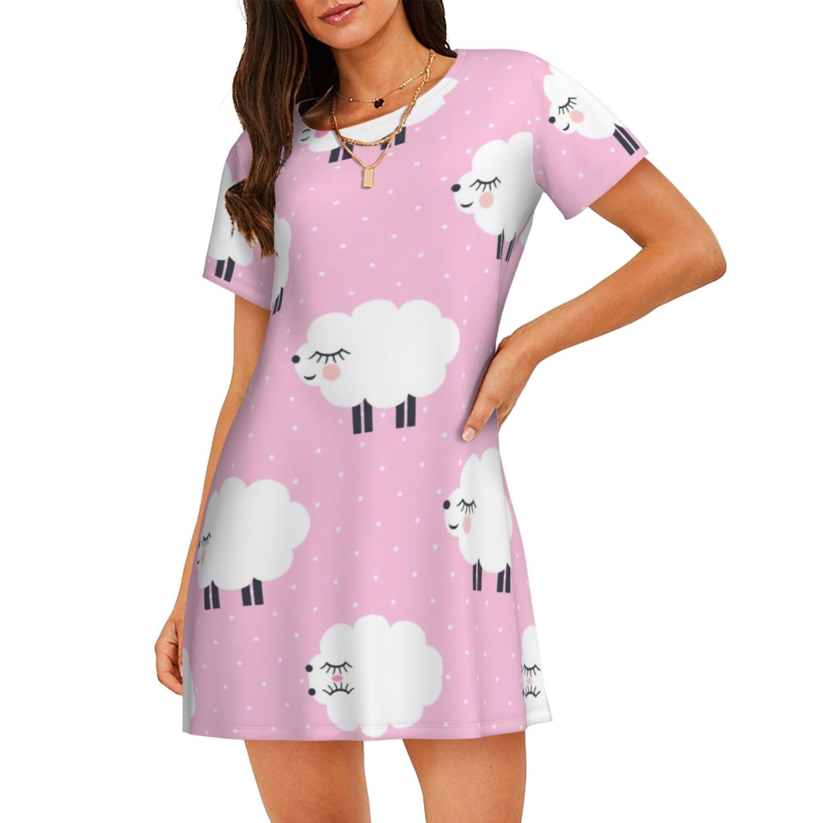 Mdatt Women's Black Pink Sheep Sleepwear Short Sleeve Nightgown Soft Sleepshirt Nightshirt Scoopneck Casual Loungewear