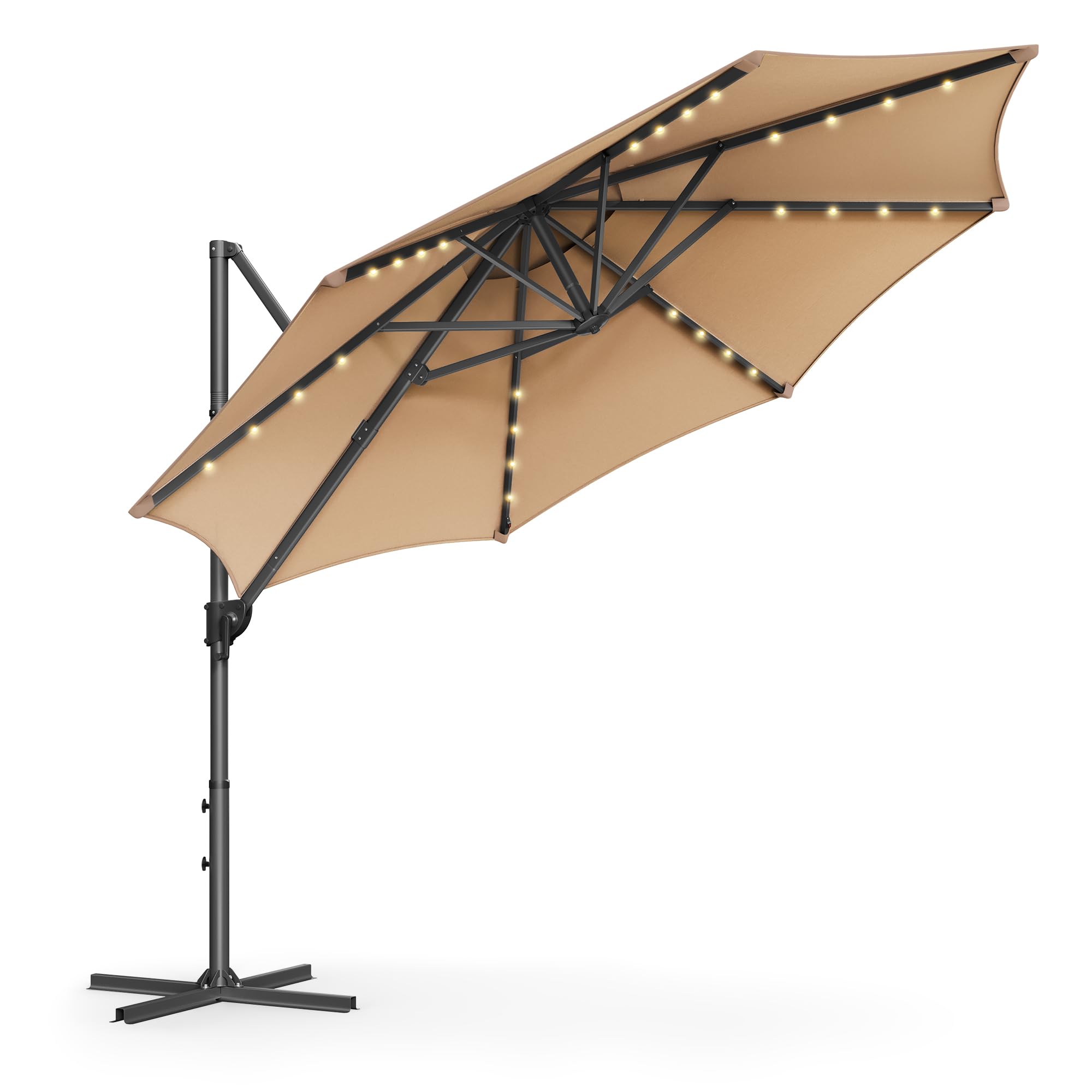 SONGMICS Parasol przeciwsłoneczny z oświetleniem solarnym LED, parasol ogrodowy, 32 diody LED, Ø 300 cm, ze stojakiem, ochrona przed promieniowaniem UV do UPF 50+, z korbą, do ogrodu, na taras