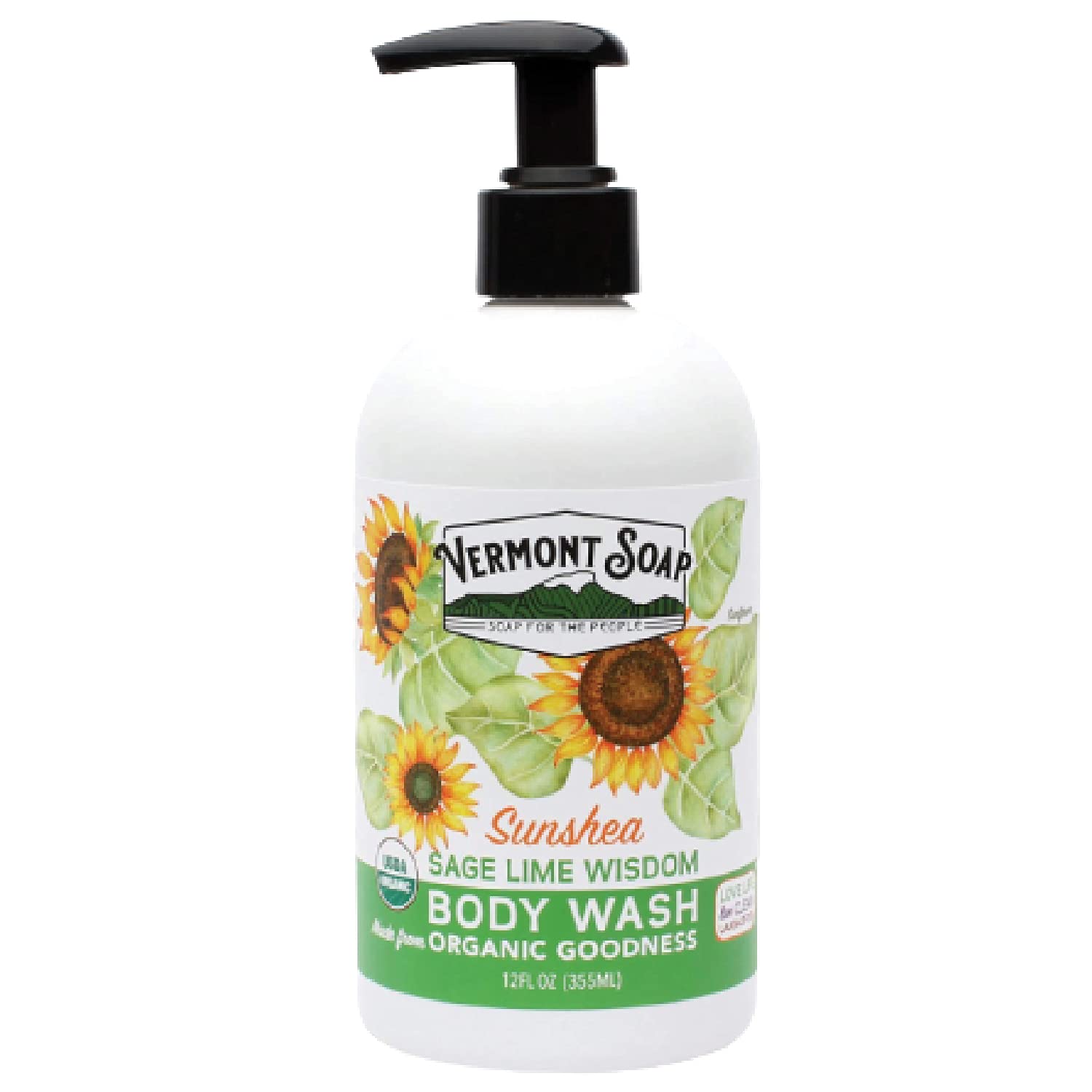 VERMONT SOAPBody Wash, Natural Body Wash with Shea Butter, Mild Gel Body Wash for Moisturizing and Soothing Skin, Fragrance Free Body Wash for Women & Men (Sage Lime Wisdom, 12oz)USDA Organic