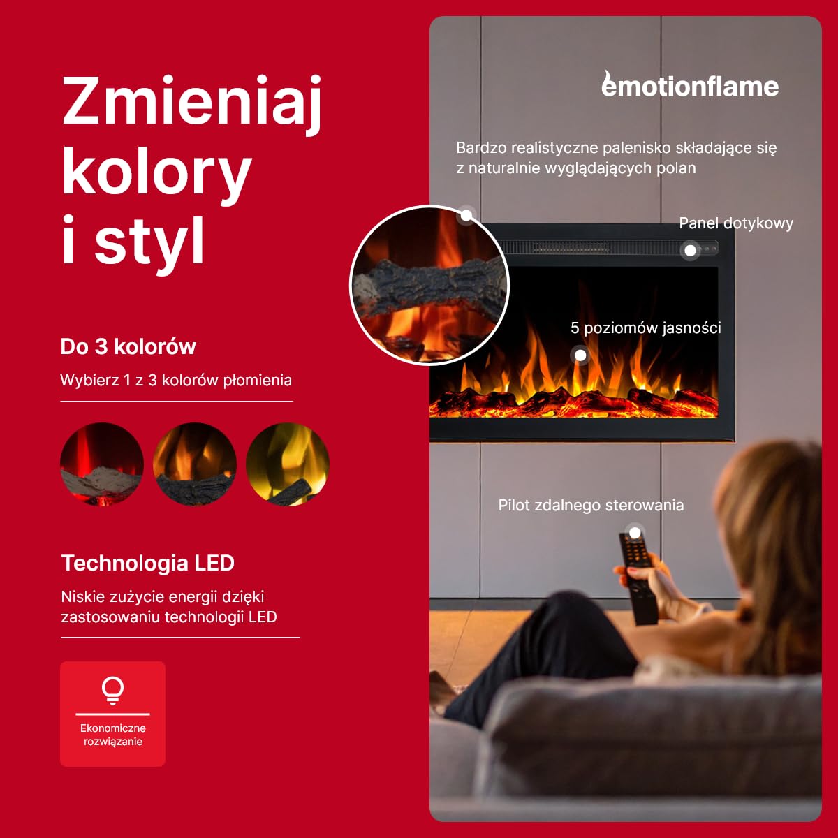 Wkład elektryczny Emotion Flame Infinity do kominka elektrycznego - ogień premium - do zabudowy - 71x14x50 cm - kominek LED z grzaniem 750/1500 W