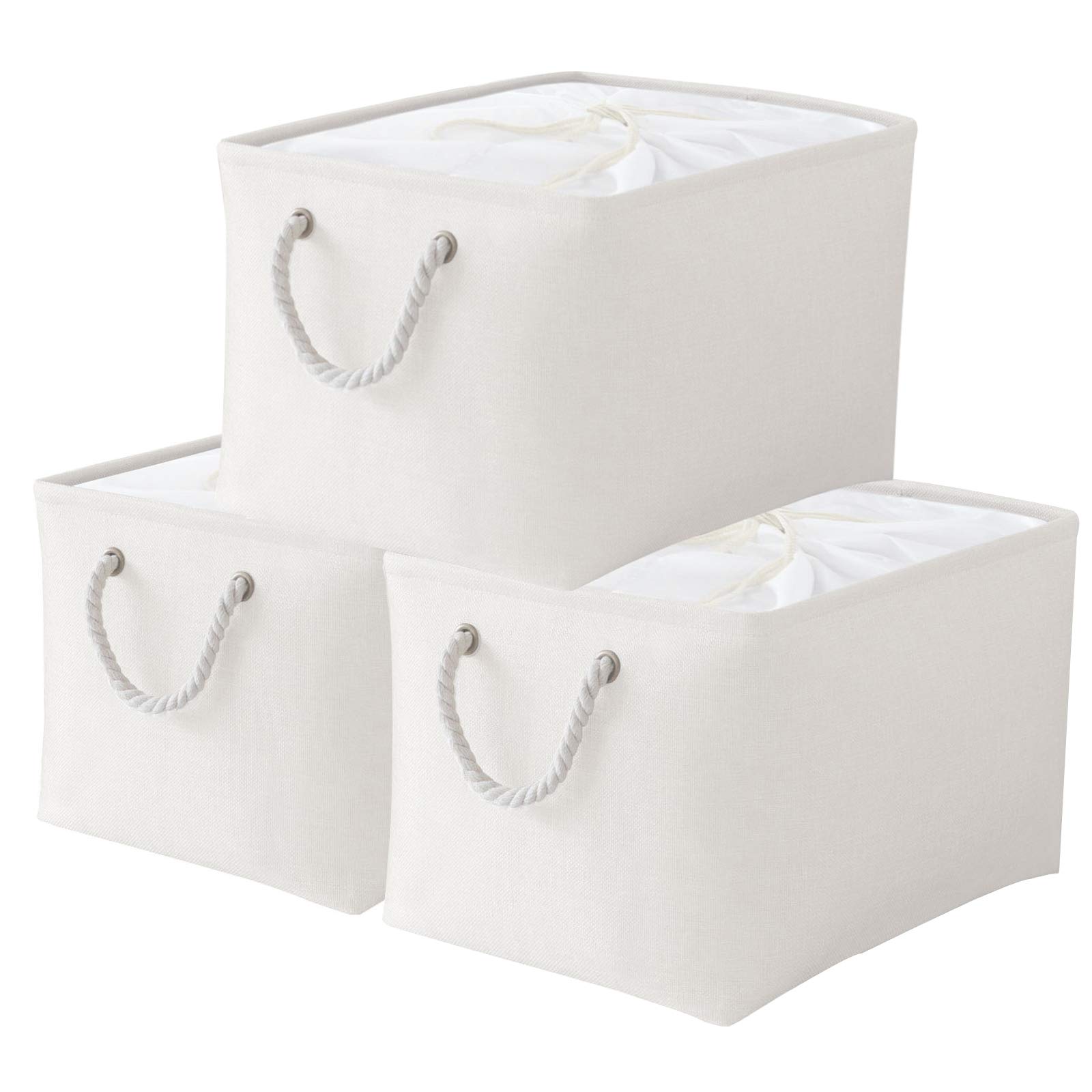 Yawinhe Foldable Storage Baskets 3 Pack, with Drawstring Cover and 2 Handles, Collapsible Bins, for Shelves, Clothes, White, Large Size, SNK003WL