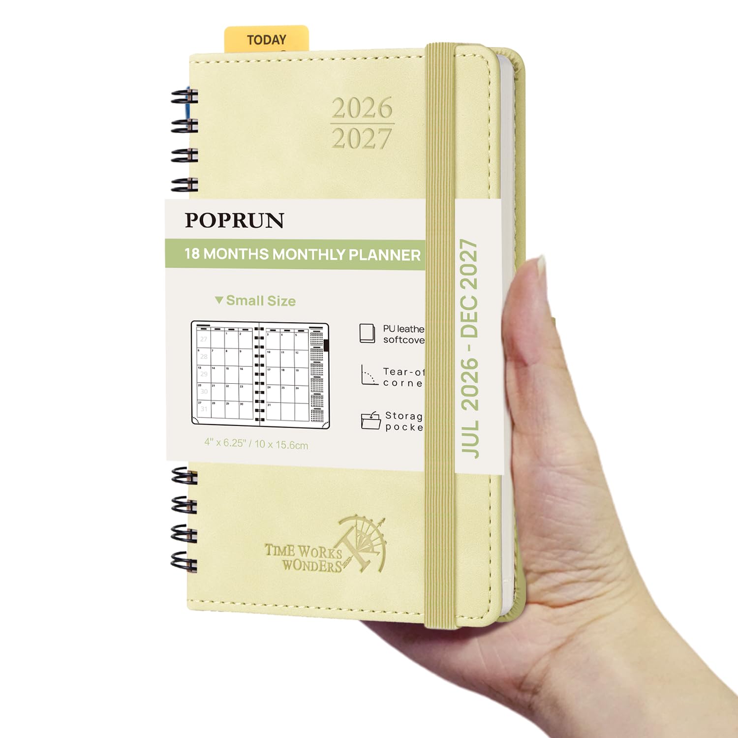 POPRUN 18 Month Planner (Jul'26 - Dec'27) 2026-2027 A6 (16x10.5cm) Pocket Month to View only Spiral Soft Cover 26/27 Monthly Planner,Sunday Start(Beige) — image 1