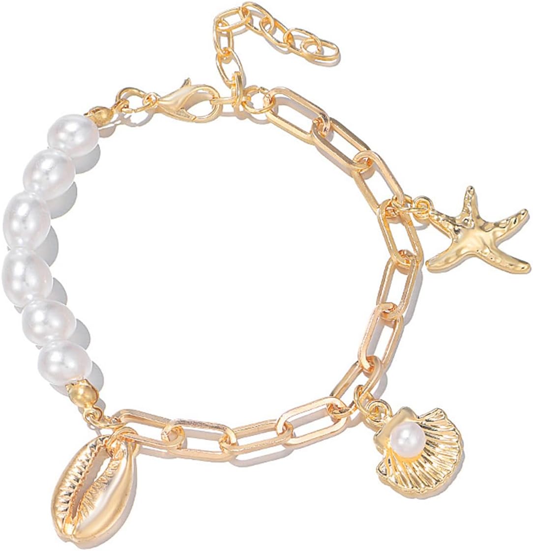 Gold Shell Bracelets for Women Boho Seashell Bracelets Cowrie Starfish Pearl Charm Bracelets Summer Beach Bracelets for Women Hawaiian Summer Jewelry