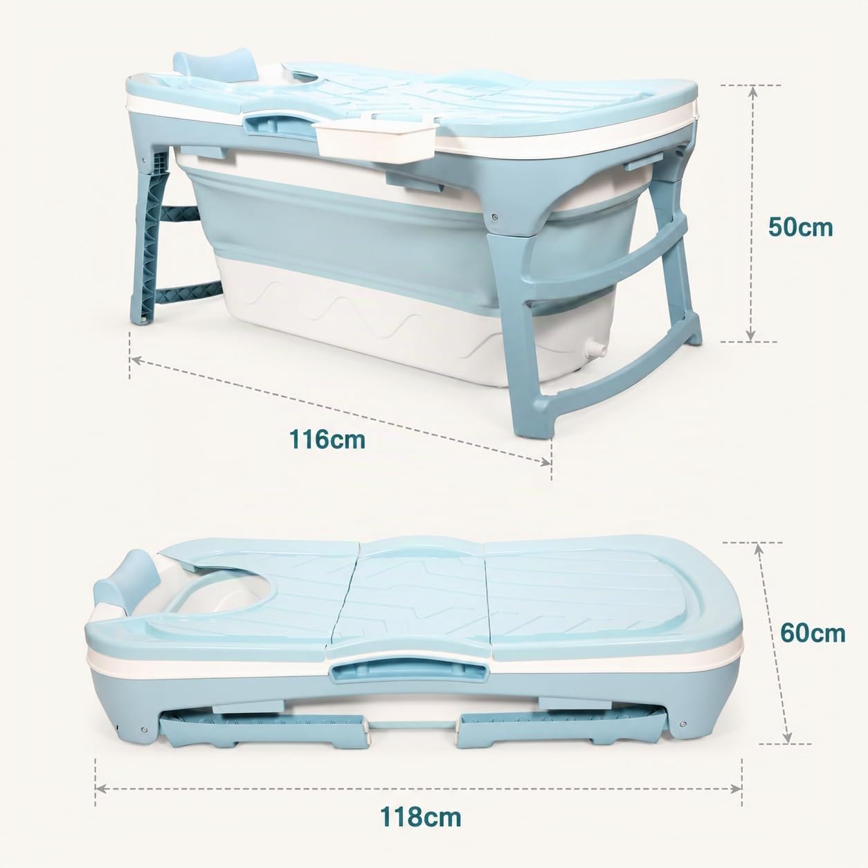 Bañera plegable para adultos 118x60x50cm, bañera plegable compacta para adultos, plegable 22 cm con tapa, doble desagüe, tubo de drenaje y cesta de almacenamiento, para ducha y baño pequeño