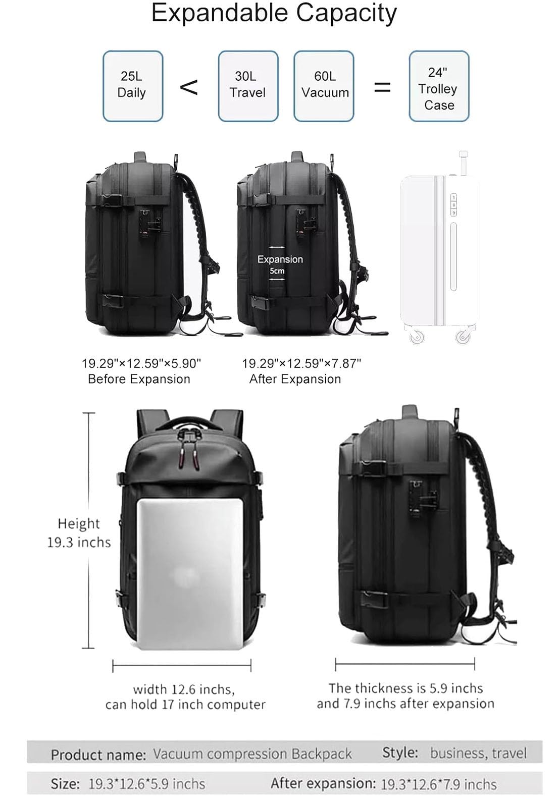 Generisch Ezyvac Rucksack, Airbag Rucksack Vakuum, Travel Vacpack Vakuum, 60l Expandable Backpack with Vacuum Compression, Water Resistant Bags