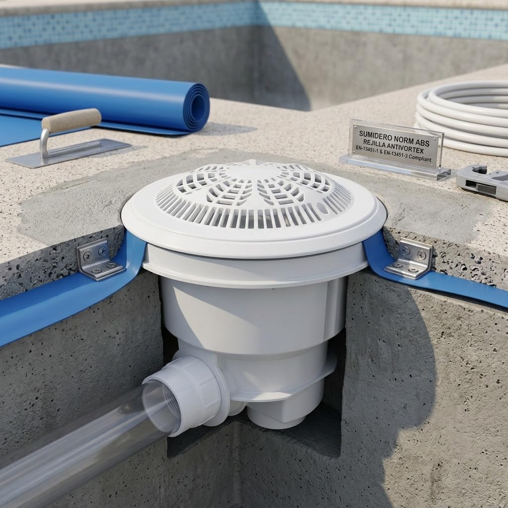 Suinga Sumidero Piscina Norm Blanco con Rejilla Antivortex e Insertos | Drenaje Seguro y Eficiente del Agua | Diseñado para Piscinas de Hormigon | Alta Resistencia