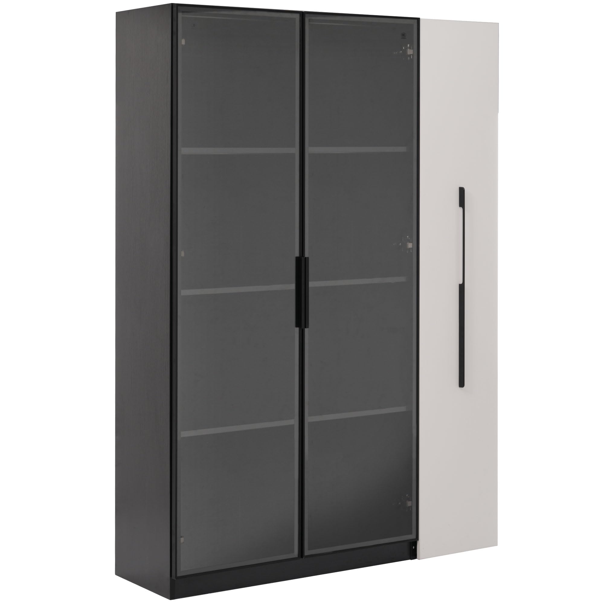 Armario multifunción 110,5 × 35 × 160 cm – Vitrina con Puerta de Cristal y LED, Puerta Lateral, Armario con Ruedas, Color Blanco y Negro, Armario Alto, estantería, baño, Comedor