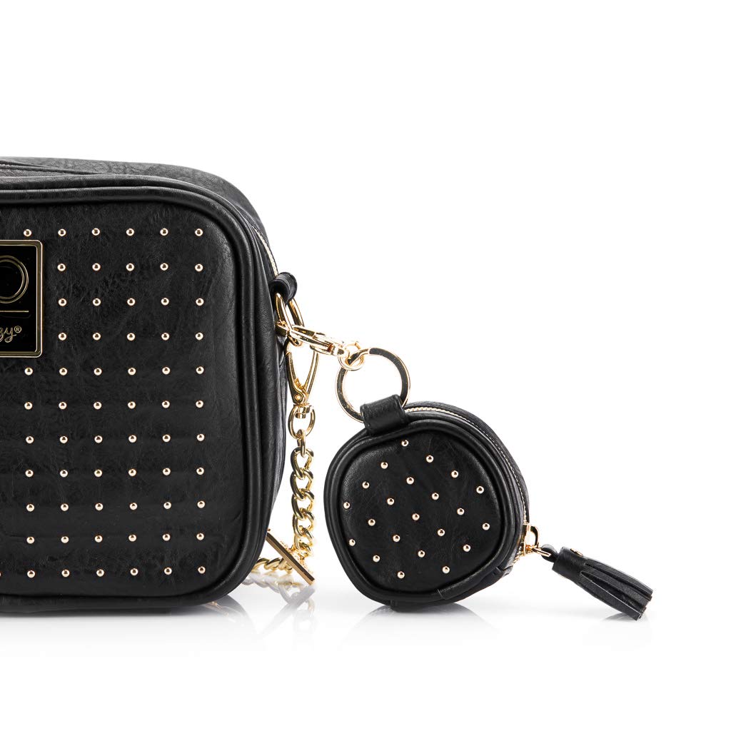 Chelsea + Cole for Itzy Ritzy Studded Pacifier Case with Clip; Pacifier Charm Pod Includes Clasp, Measures 2.5" in Diameter & Holds 2 Pacifiers; Black with Sweetheart Print Interior and Gold Hardware : Baby