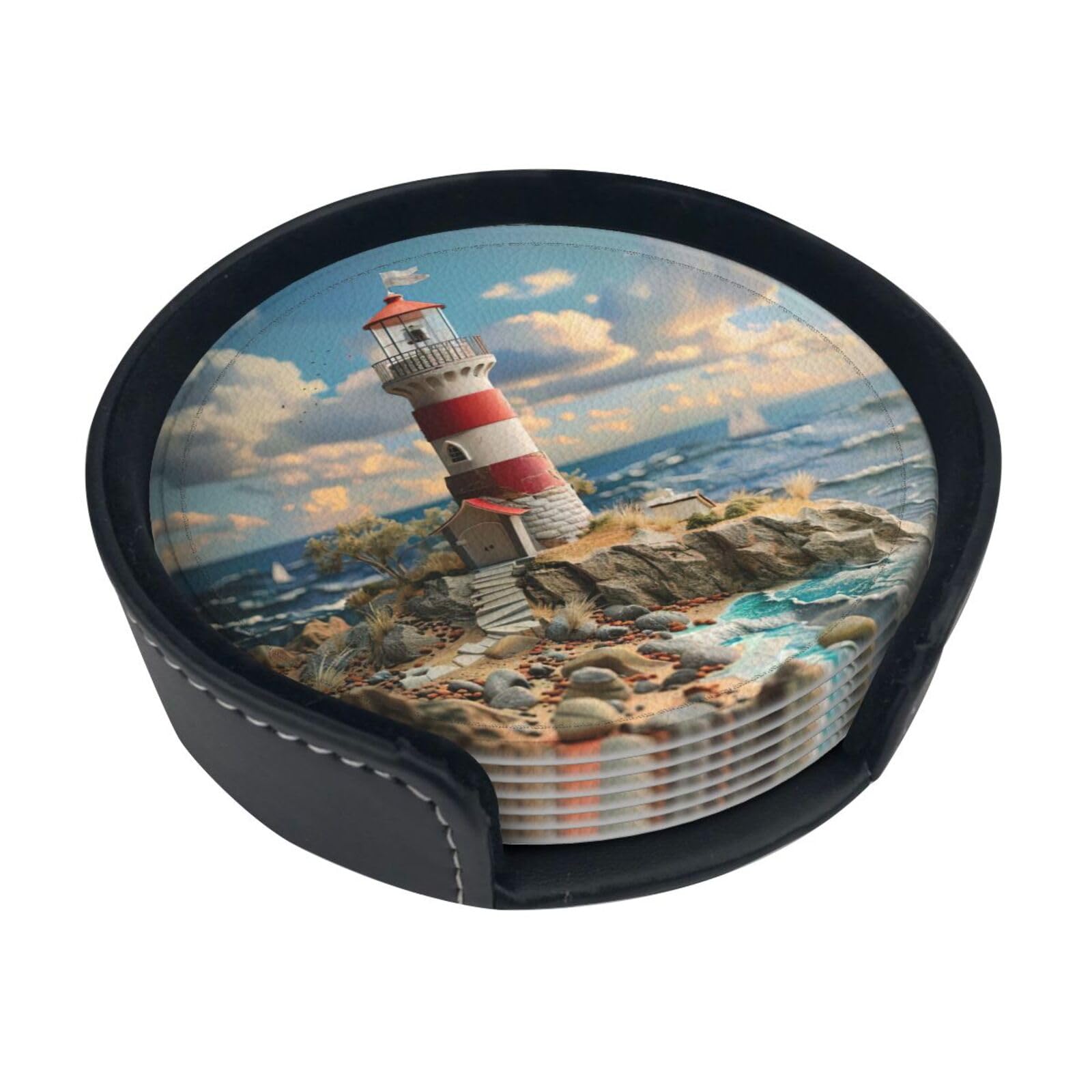 The Seaside Lighthouse Print Round Coasters Set Of 6,Coaster For Tabletop Protection Home Bar Decor
