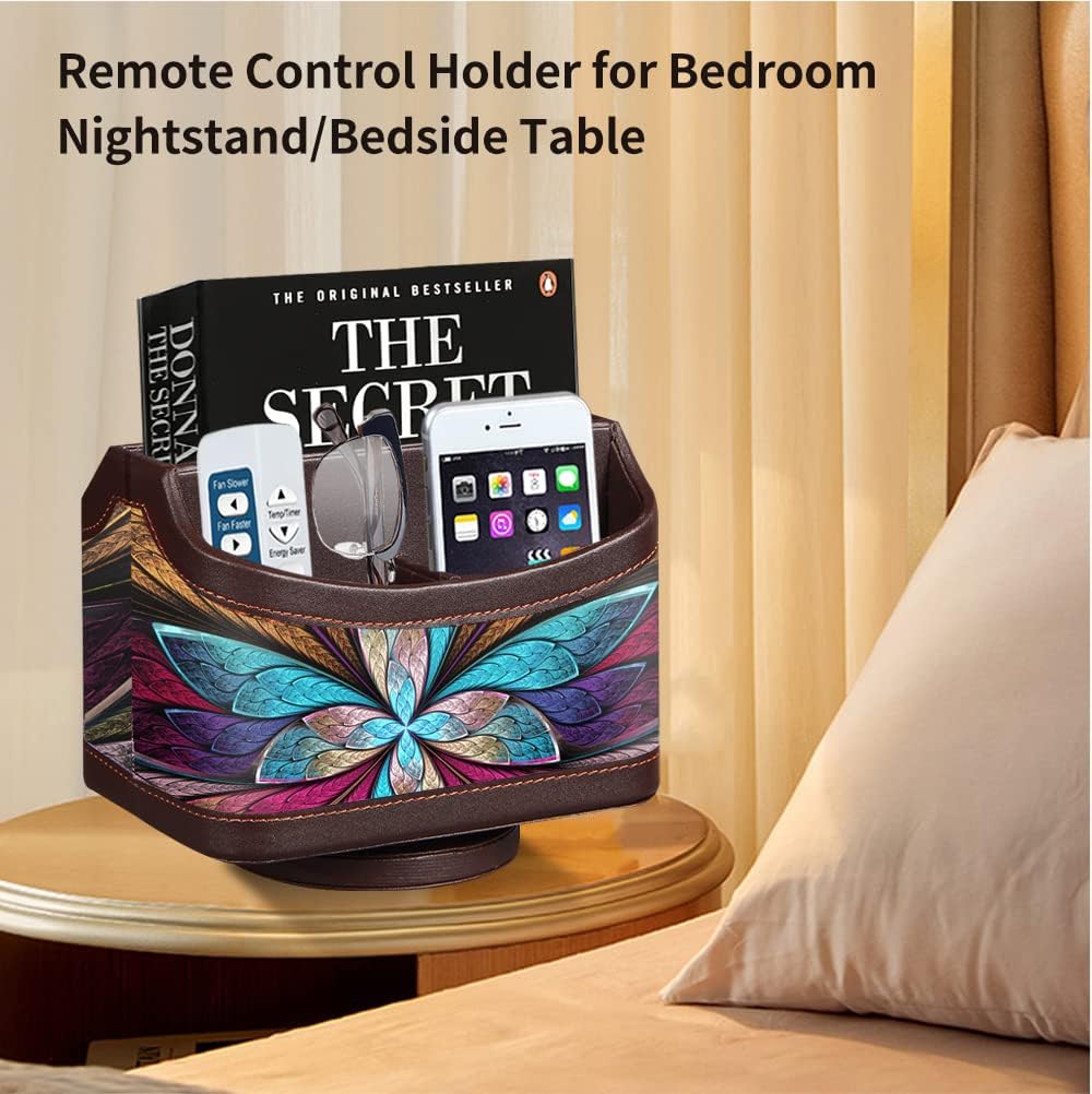 PUSU 360°Rotatable Remote Control Holder, PU Leather TV Remote Holder Caddy for Table, Bright and Colorful Art Supply Organizer Pen Holder, Multi-Functional Desk Organizer Living Room Office Decor