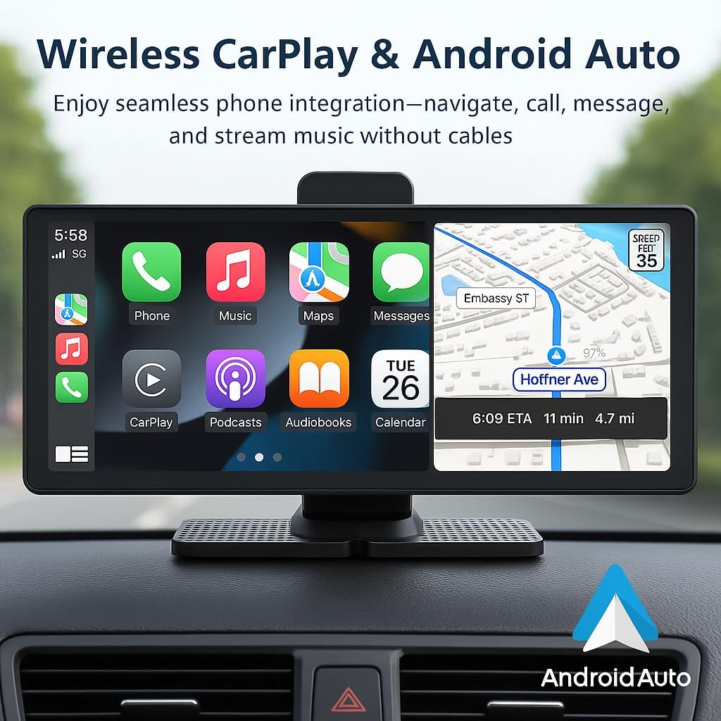 Image showing the NOBKLEN portable car stereo display with Apple CarPlay interface, including icons for Phone, Music, Maps, Messages, CarPlay, Podcasts, Audiobooks, and Calendar, alongside a navigation map.