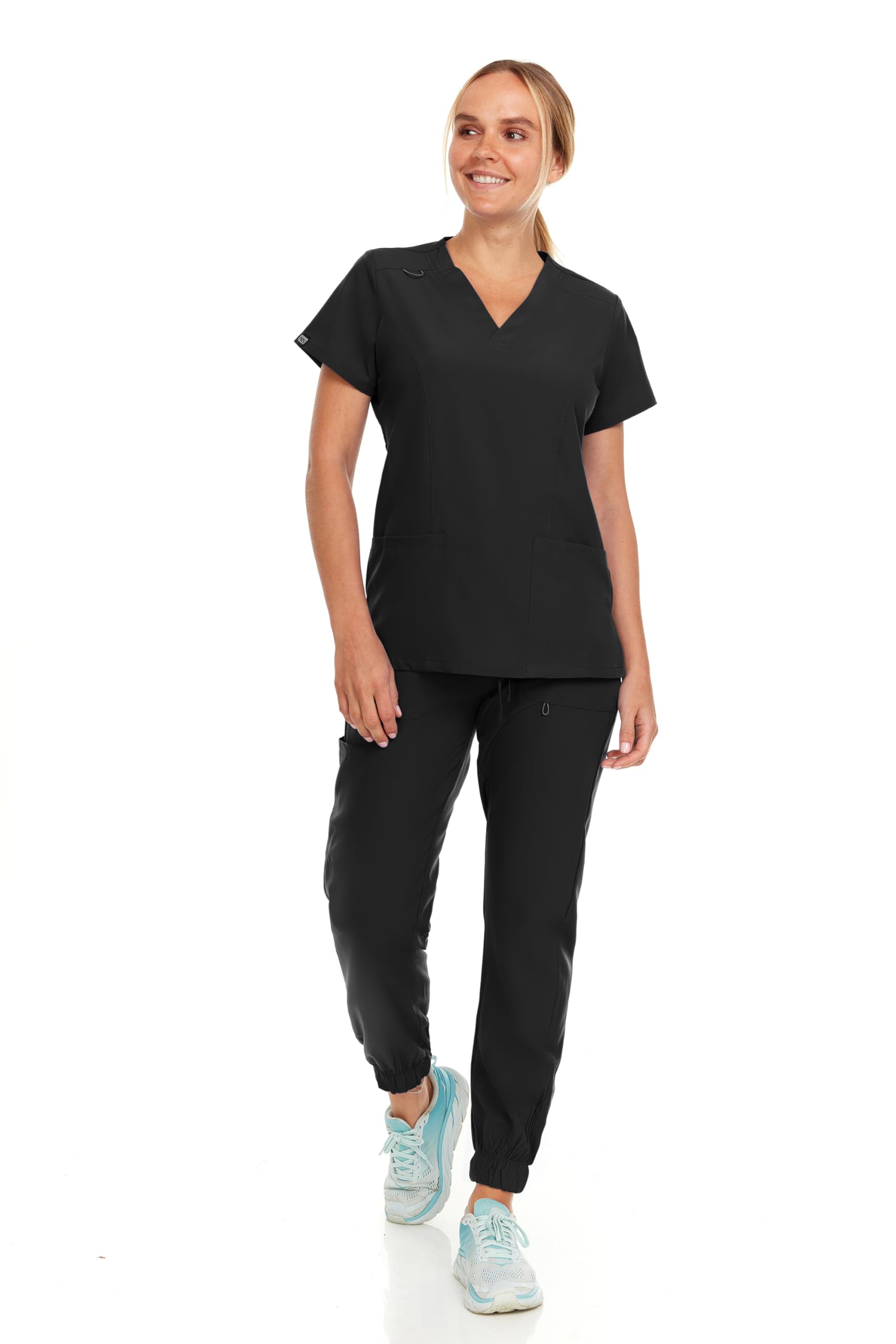 Hey Collection Womens Stretch V-Neck Jogger Scrubs Set, Medical Nursing Tops with Four Pocket Pants, Black, Medium