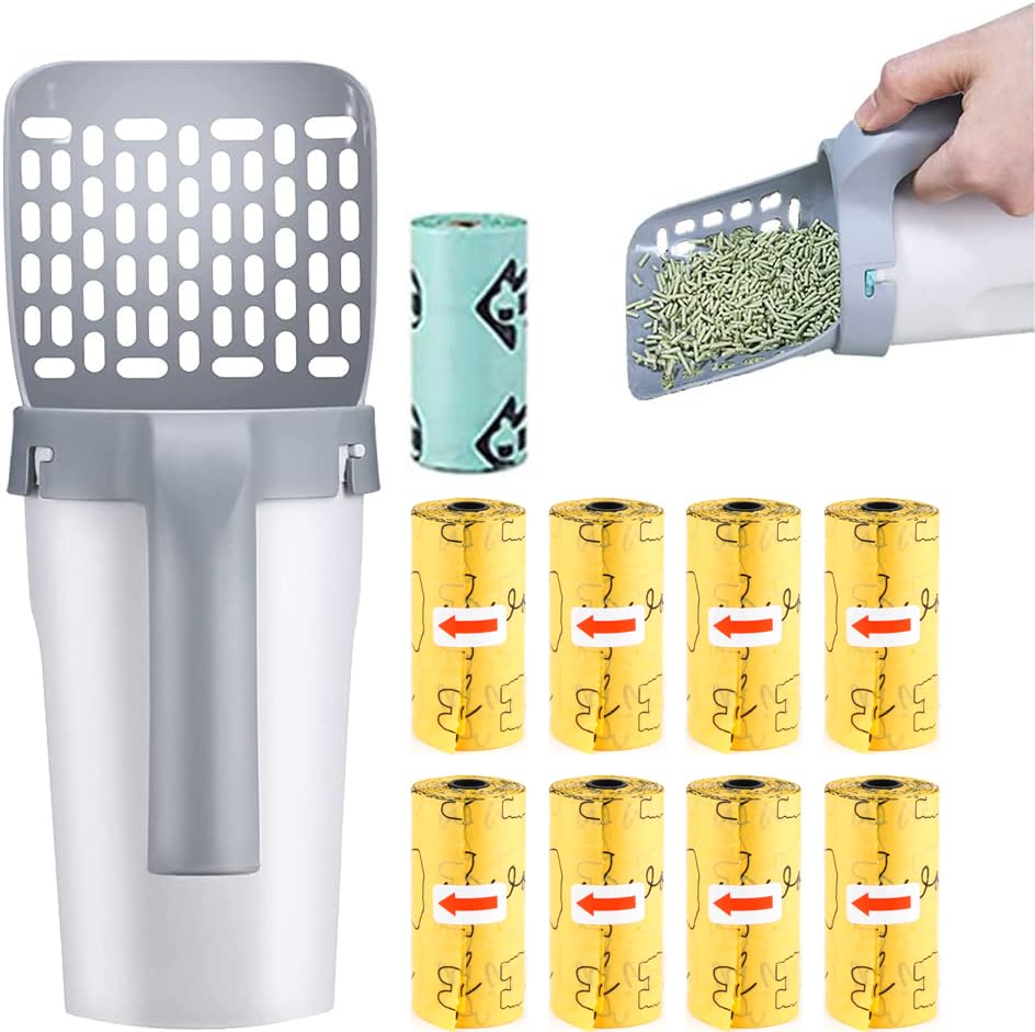 Cat Litter Scoop,Cat Litter Scooper with Trash Container,Removable Cat Litter Scoop Holder,Portable Litter Scooper with Holder Provides 135 Garbage Bags,Cat Scooper&Cat Litter Disposal System In 1