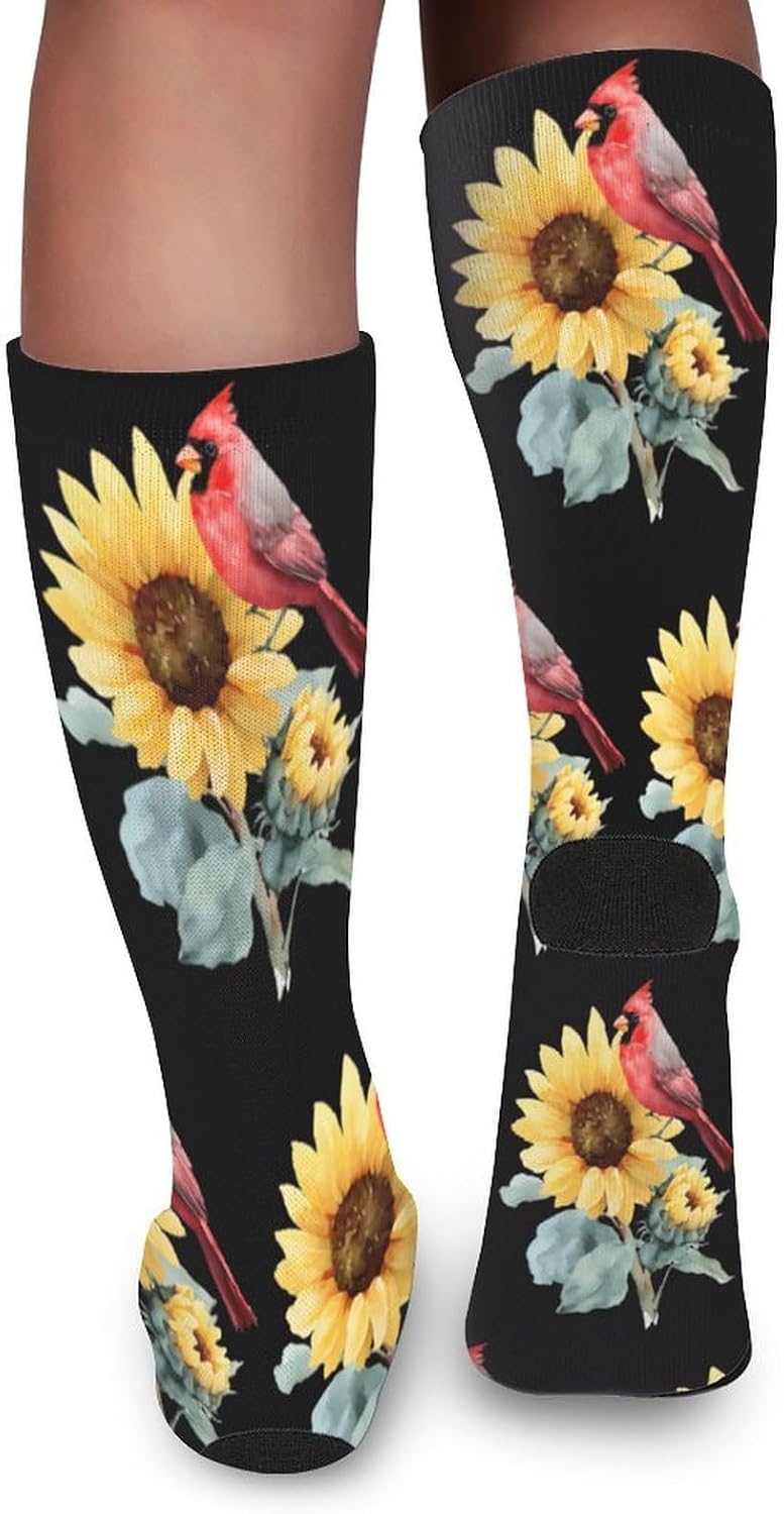Watercolor Sunflower Cardinal Bird Knee High Socks Athletic Long Stockings Sport Casual Crew Tube Sock Boot 46cm
