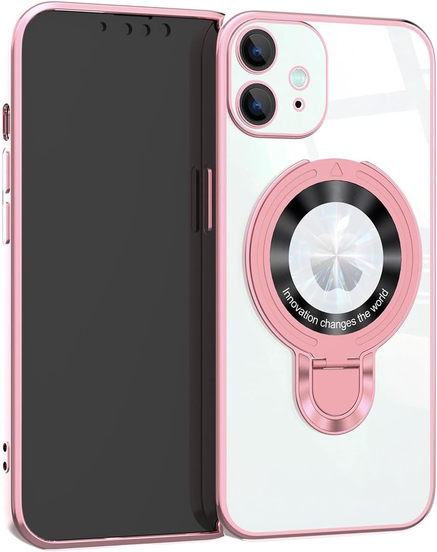 Plated Case for iPhone 12 Mini with Metal Ring Holder Stand [Compatible with MagSafe], Shockproof Non-Slip Slim Fit Protective Phone Bumper Cover for iPhone 12 Mini Pink