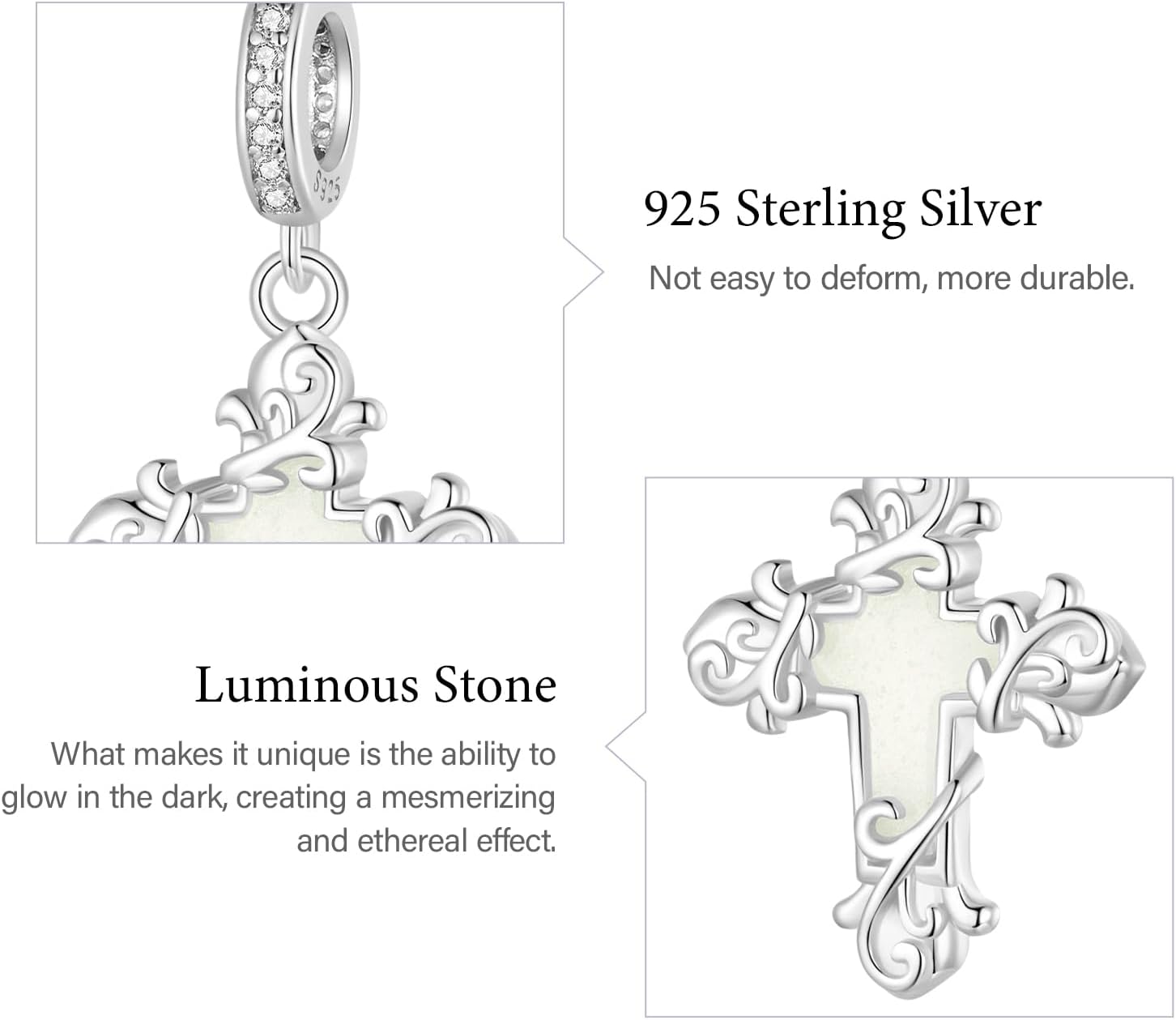 GNOCE Glow in the Dark Moon Cross Tea Turtle Amethyst Butterfly Pendant Bead Charm for Women, S925 Sterling Silver BraceletNecklcae Charm for Her, Valentine Mother's Day Jewelry Gift