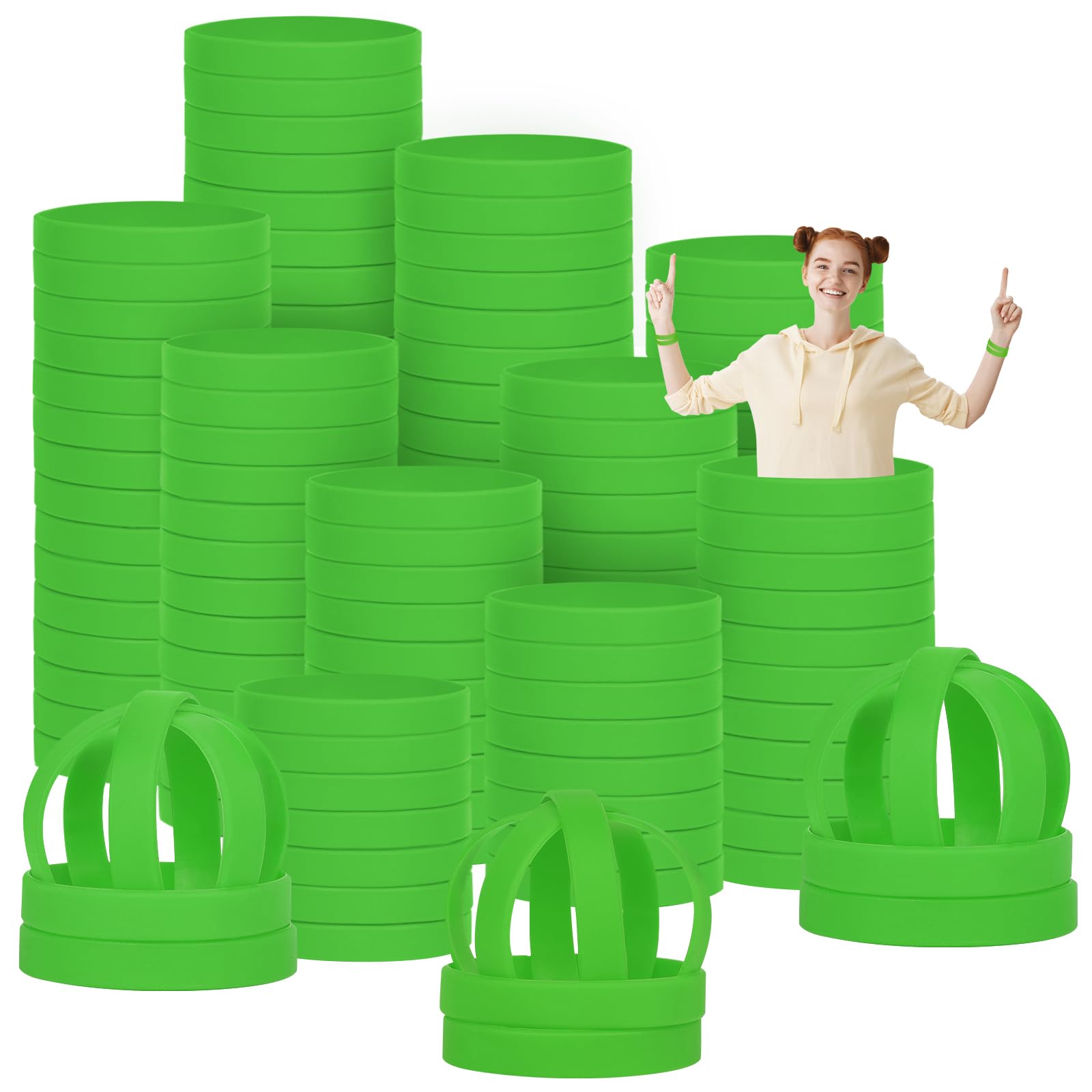 LVNRIDS 200 PCS Silicone Wristbands Rubber Bracelets for Kid Teen, 7 inch Green Silicone Wrist Bands for Business School Activity Party Events Music Festival