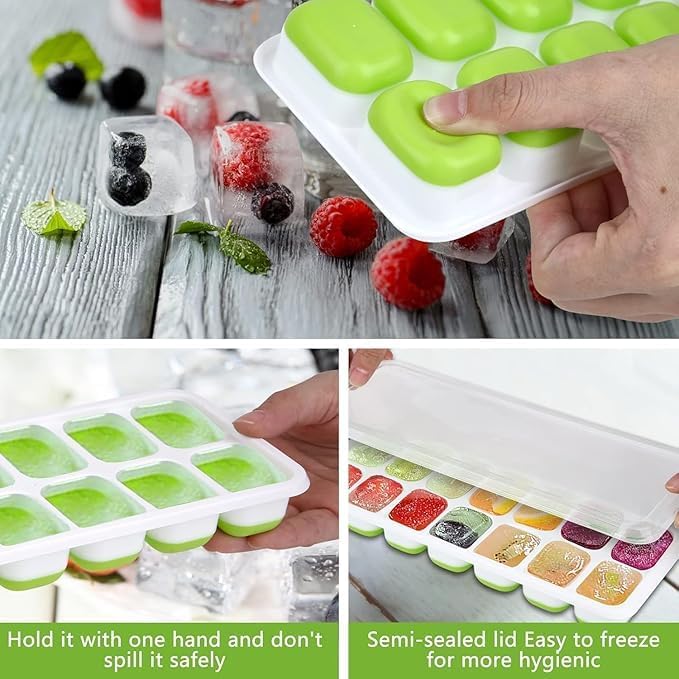 Image of ice Cube Tray with Lid - BPA Free Flexible Silicone Ice Maker Mold, Easy-Release 14-Cavity Ice Cube Trays for Freezer (Set of 2 -Green)