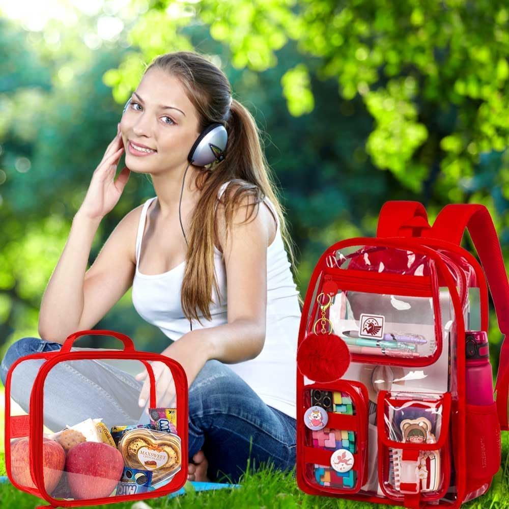 Clear Backpack for Girls Women, Heavy Duty PVC Transparent BookBag, Cute See Through School Bags for Teens Elementary - Red