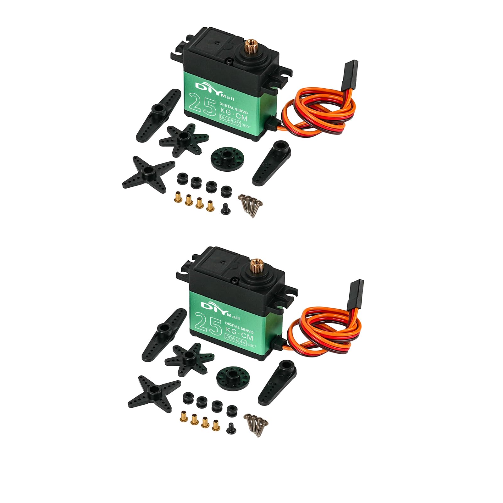 Rcmall 2PCS 25kg High Torque Helical Metal Gear RC Servo, 360 Degree Continuous Rotation, 500-2500usec for 1/8 1/10 1/12 Scale RC Car Robot