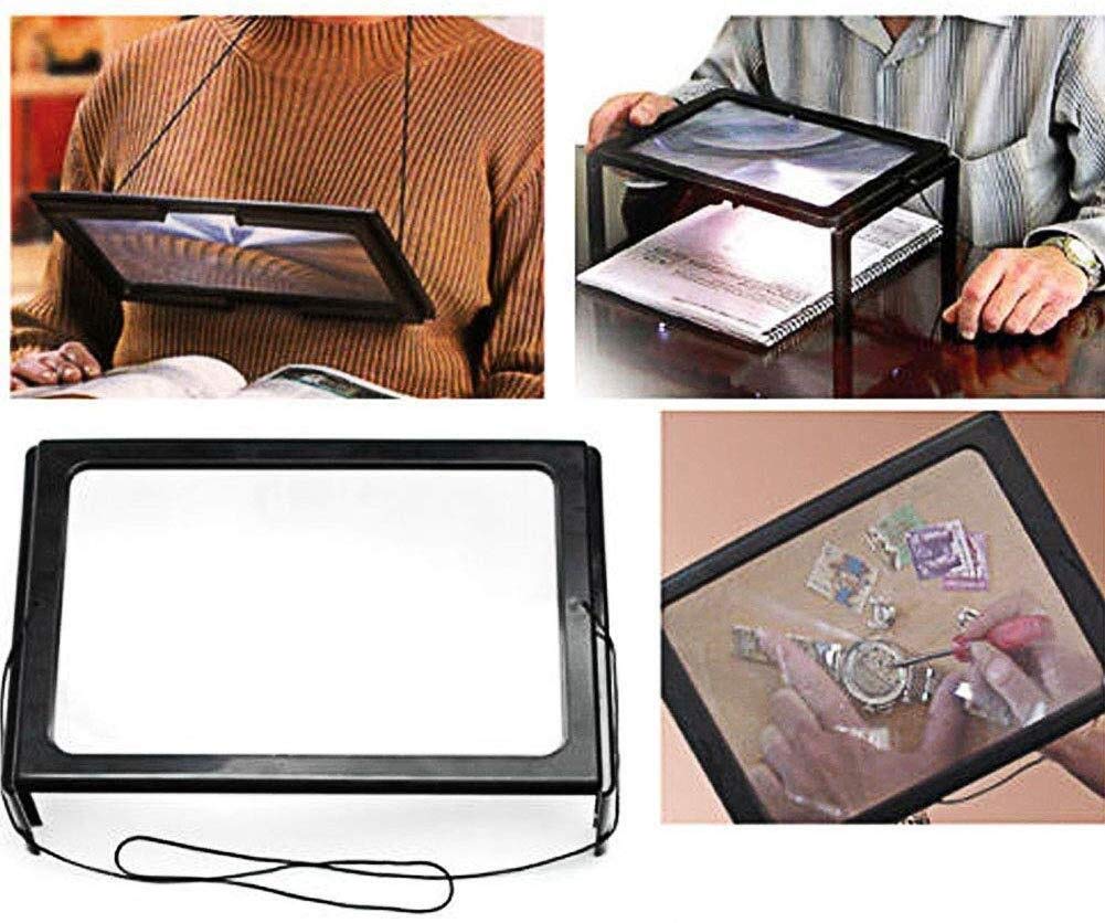 EUQKKWLOY Lupa LED 3X, Rectangular, tamaño A4, Grande, Plegable, Manos Libres, Ideal para Escritorio, Mesa, tareas y Manualidades.