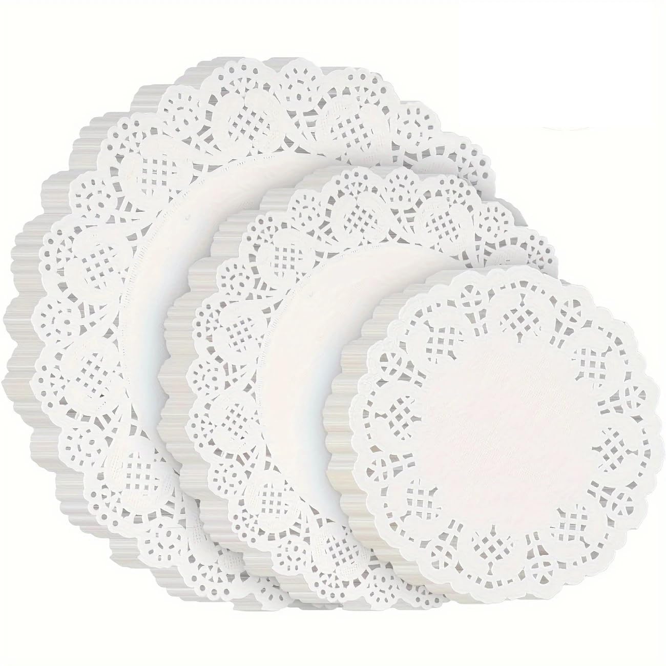 APOLLINE INDIA® – 300Pcs Round Lace Paper Doilies, 90mm/114mm/140mm – White Vintage Coasters, Placemats & Decorative Mats for Cakes, Crafts, Wedding, Christmas & Table Decoration-image-2