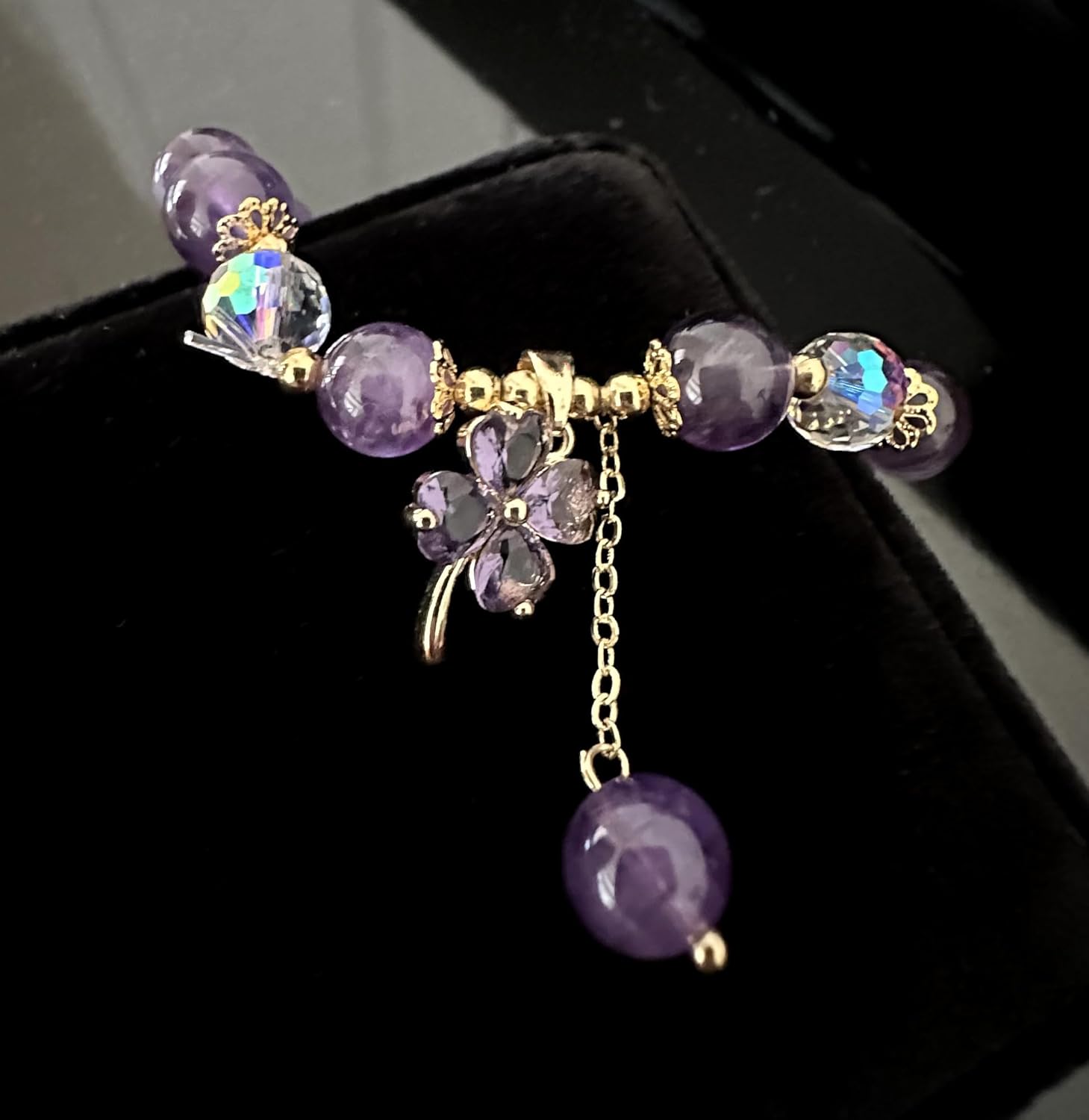 Handmade Amethyst Purple Crystal Four Leaf Clover Bracelet for Good Fortune - Image 3