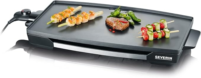 SEVERIN Tischgrill für Fleisch, Fisch und Gemüse, XXL Teppan Yaki Platte mit Antihaftbeschichtung, Elektrogrill mit Fettauffangschale und Temperaturregler, schwarz, KG 2397