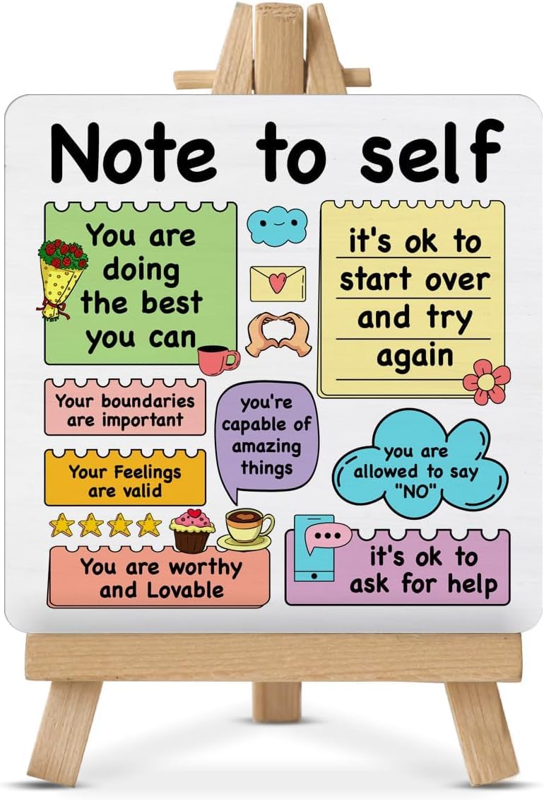 Sarvada Decor Mental Health Sign Motivational Note to Self Wood Sign with Easel for Home School Therapy Office Classroom Desk Shelf Décor