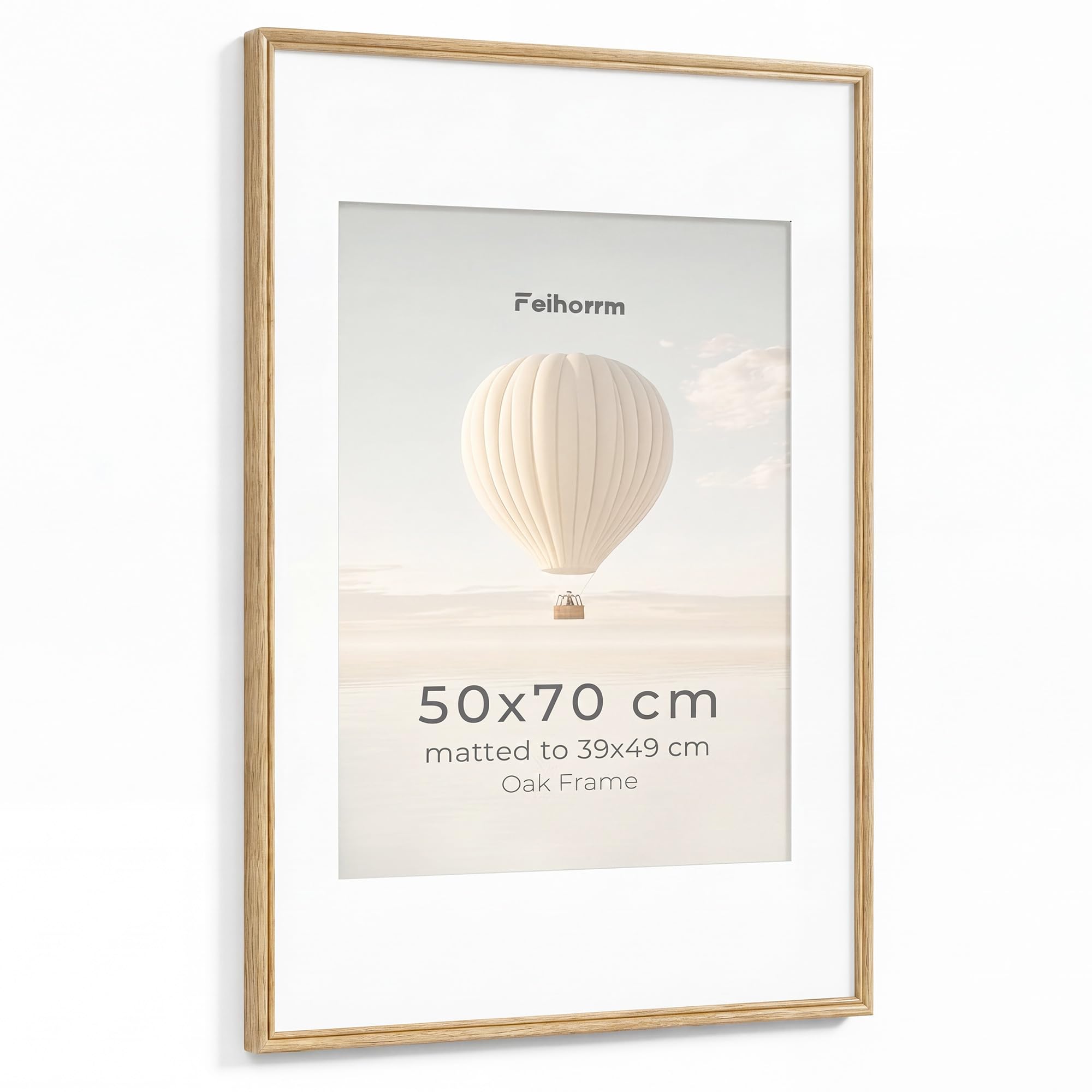 Feihorrm 50x70cm Frame, Natural Oak Solid Wood Photo Frame 50x70 with HD Tempered Glass, Fit 39x49cm with Mat or 50x70cm without Mat, Handcrafted Wooden Frames for Horizontal or Vertical