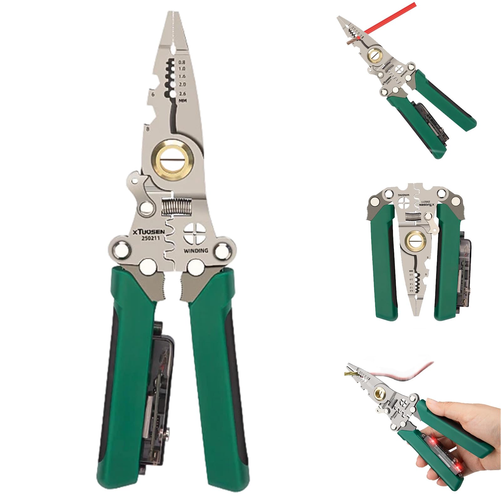 8 in 1 Electricians Pliers, Green Wire Stripper with Voltage Tester, Metal Electrician Tools for Cutting & Pulling, 2.6×8.5 Inches, 1×Cable Stripper for Electrical Work, Crimper, Splitting