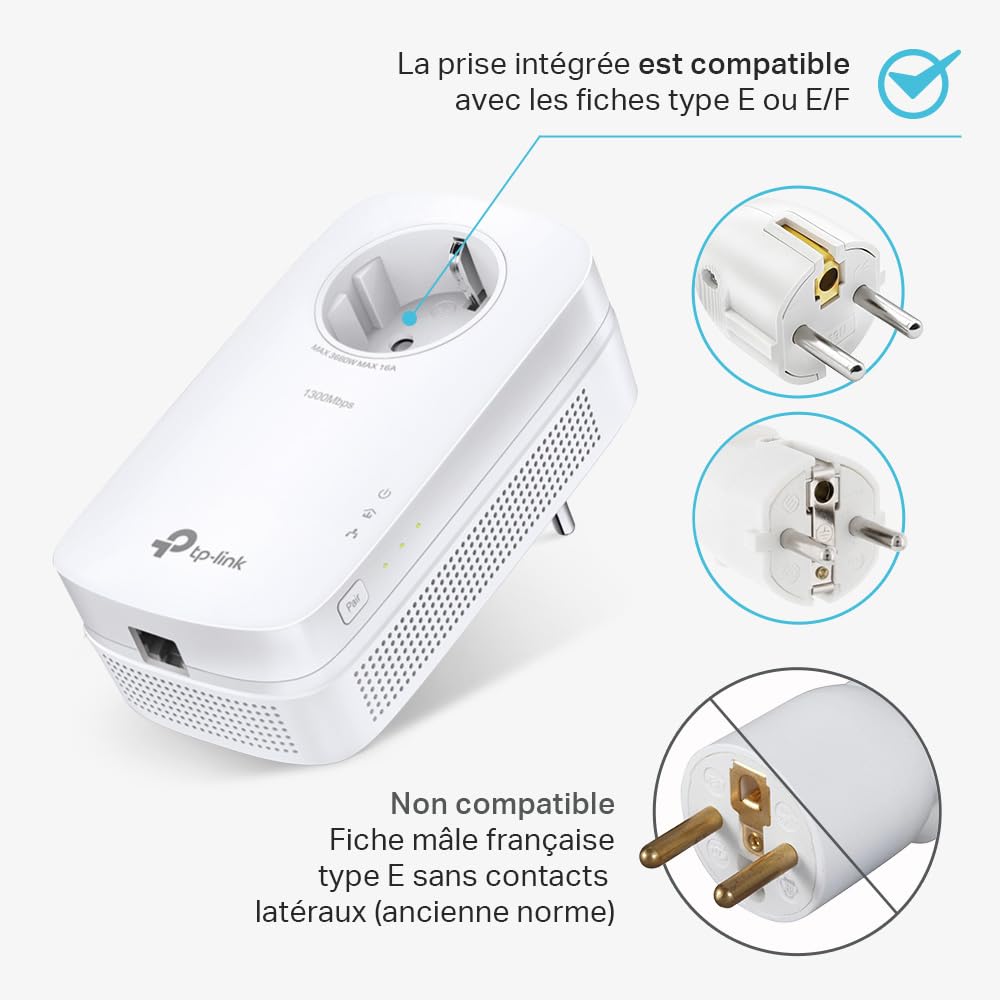 TP-Link CPL AV1300 TL-PA8010P KIT 1300 Mbps 1 Port Gigabit Prise Intégrée Pack de 2 Blanc