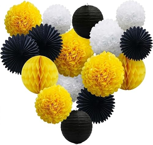 ADLKGG 16 decoraciones de fiesta de abejas – abanicos de papel de seda amarillo, negro y blanco, faroles de papel, pompones, bolas de panal