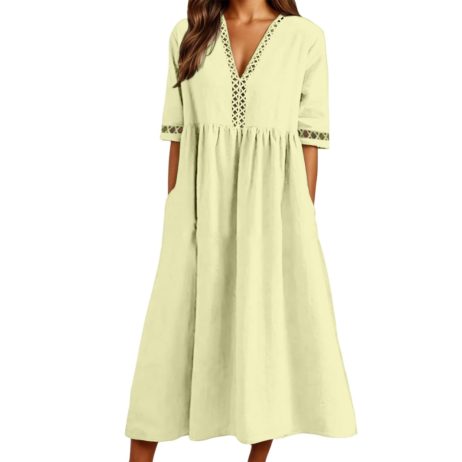 Vestito Spiaggia Donna Abito Lungo Estivo da Donna in Cotone e Lino con Scollo a V all'Uncinetto, Casual e Ampio, Ideale per la Spiaggia Le Vacanze, con Tasche. Abito Lungo Elegante