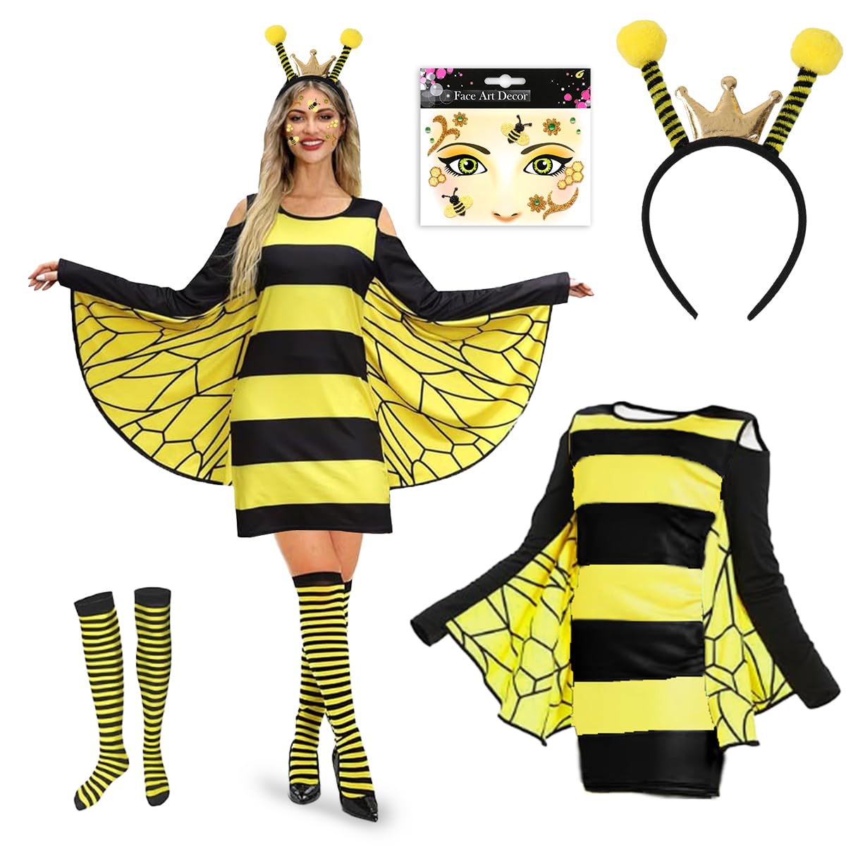 LGZIN Disfraz Abeja Adulto Mujer, Vestido Abeja Mujer, Disfraz Abeja Accesorios con Abeja Antena Diadema, Rayas Calcetines, Adesivi per Viso, Traje Disfraz de Abeja para Carnaval Halloween