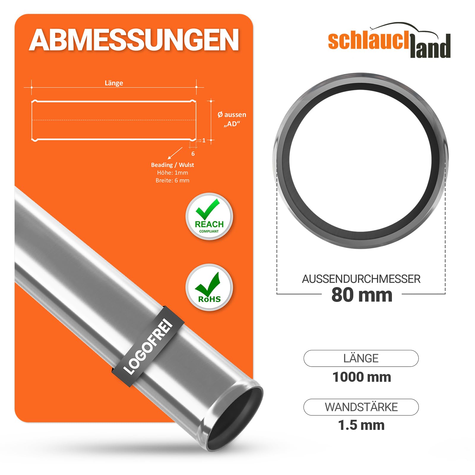 1 Stück | 100cm Edelstahl-Rohr AD-Ø 80mm poliert & gebördelt V2A 1.4301 INOX rostfrei | AUSWAHL 1-10 Stück & 13-200 mm Durchmesser | Edelstahl Rohr Motor KFZ Kühler Druckluft BIS 800°C| PREMIUM