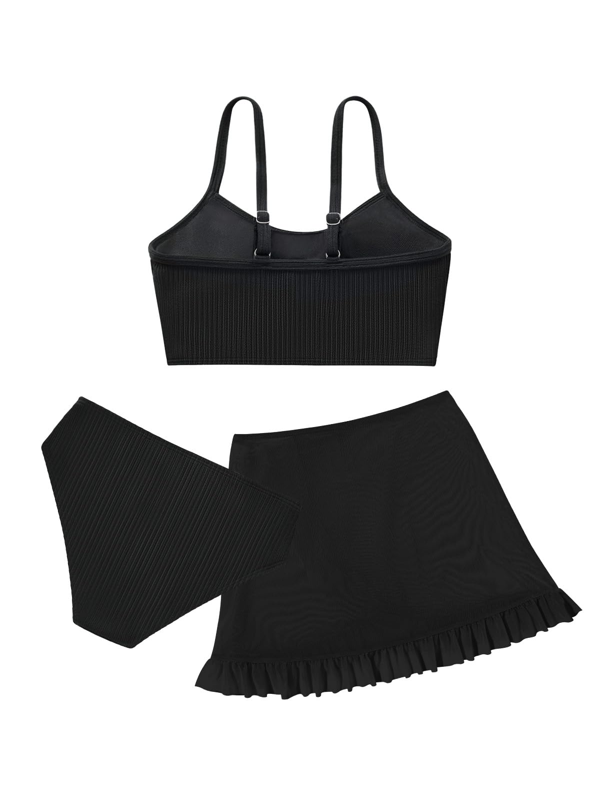 URMAGIC Girls 2 Piece Swimsuits with Skirts Ribbed Spaghetti Strap Bikini Sets Swim Bathing Suit for Teen Girls Black