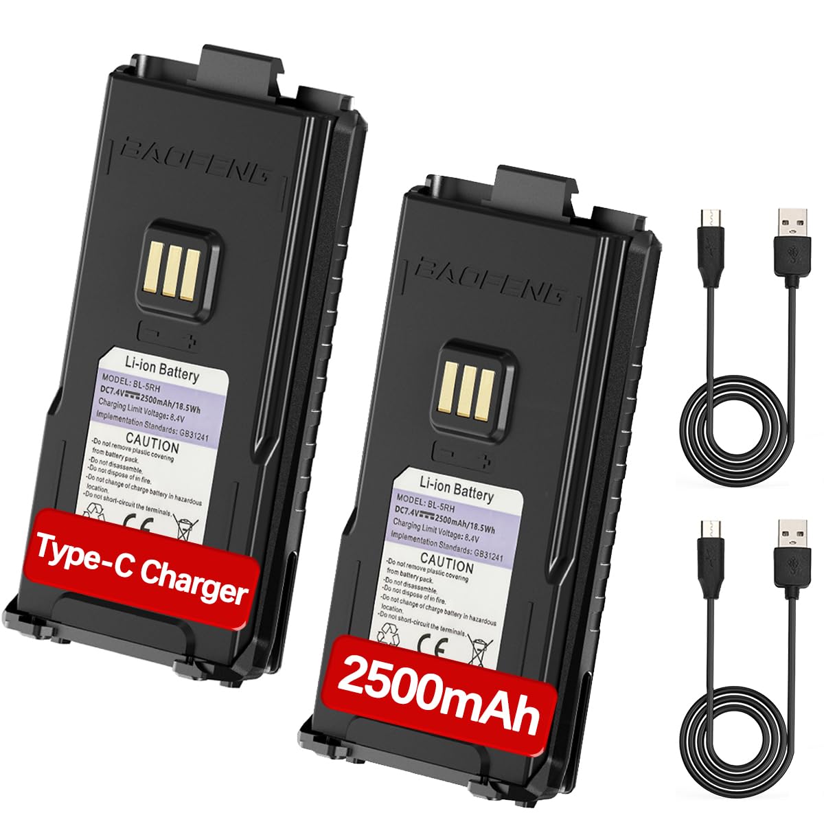 Baofeng Battery 5RM 2500mAh Li-ion 7.4V Original High Capacity Battery Support Type-C Charger Replacement/Spare Battery for GM-5RH UV-5G Plus 5RM Two-Way Radio Walkie Talkies,2Pack, Black