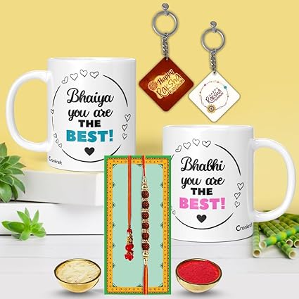 Cronkraft Rakhi for Bhaiya & Bhabhi Ceramic Mug and Keychains Combo |Pack of 8 (Greeting Card, Roli Chawal, Mugs, Keychain, Lumba Rakhi) Best Rakhi Gift for bro and bhabhi (Bbhiya-bhbi-Wmug-04)