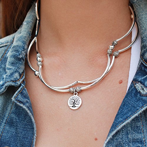 Lizzy James April With Tree Of Life Charm Silverplate Large Bracelet Necklace With Gloss Navy Leather Wrap #TOP3