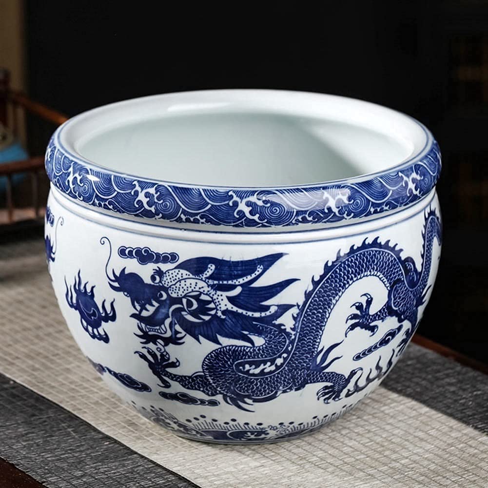 Porcelanowa Niebiesko-Biała Misa Dla Rybek, Misa Dla Rybek Z Chińskim Wzorem Smoka, Ceramiczna Doniczka Na Kwiaty, Dekoracja Hydroponiczna, Doniczka Na Żonkila,22.5cm