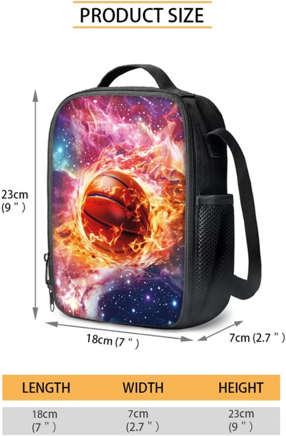 Basketball Fire Galaxy Print Backpack for School with Lunch Bag, Pencil Box, Water Bottle Holder, Travel Bookbag for Kids, Middle Elementary School Bookbags with Adjustable Strap