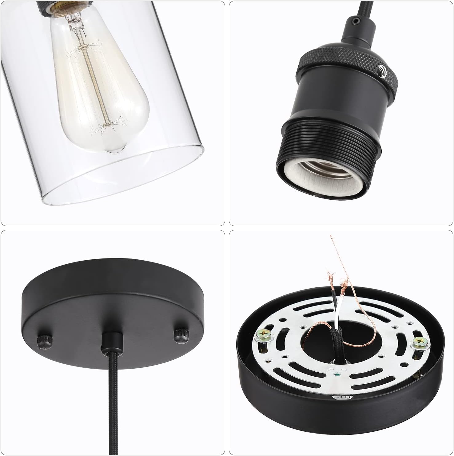 Industrial Transparent Pendant Light, Modern Small Cylindrical Glass Hanging Light Fixtures with Clear Lamp Shade, Adjustable Nylon Core Height Lighting for Kitchen Island 3 Packs(Bulb Not Included)
