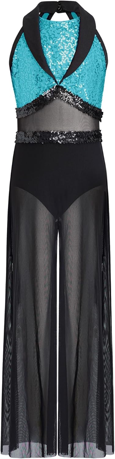 Jhaoyu Girls Sequin Jazz Dance Leotard Sleeveless Wide Leg Modern Lyrical Dance Jumpsuit for Stage Performance
