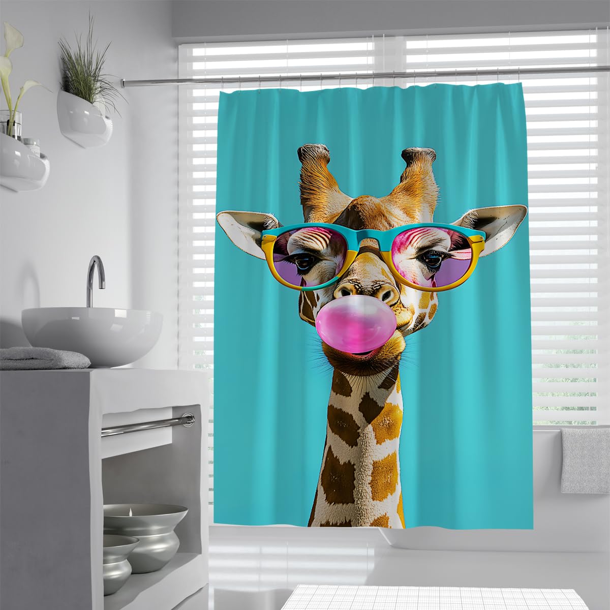 UIRINGART Giraffe Bathroom Curtains W90xL180cm Cute Animal Wearing Sunglasses Blowing Pink Bubblegum Teal Blue Background Waterproof Quick Dry Easy Clean Fabric Shower Curtain for Caravan with Hooks