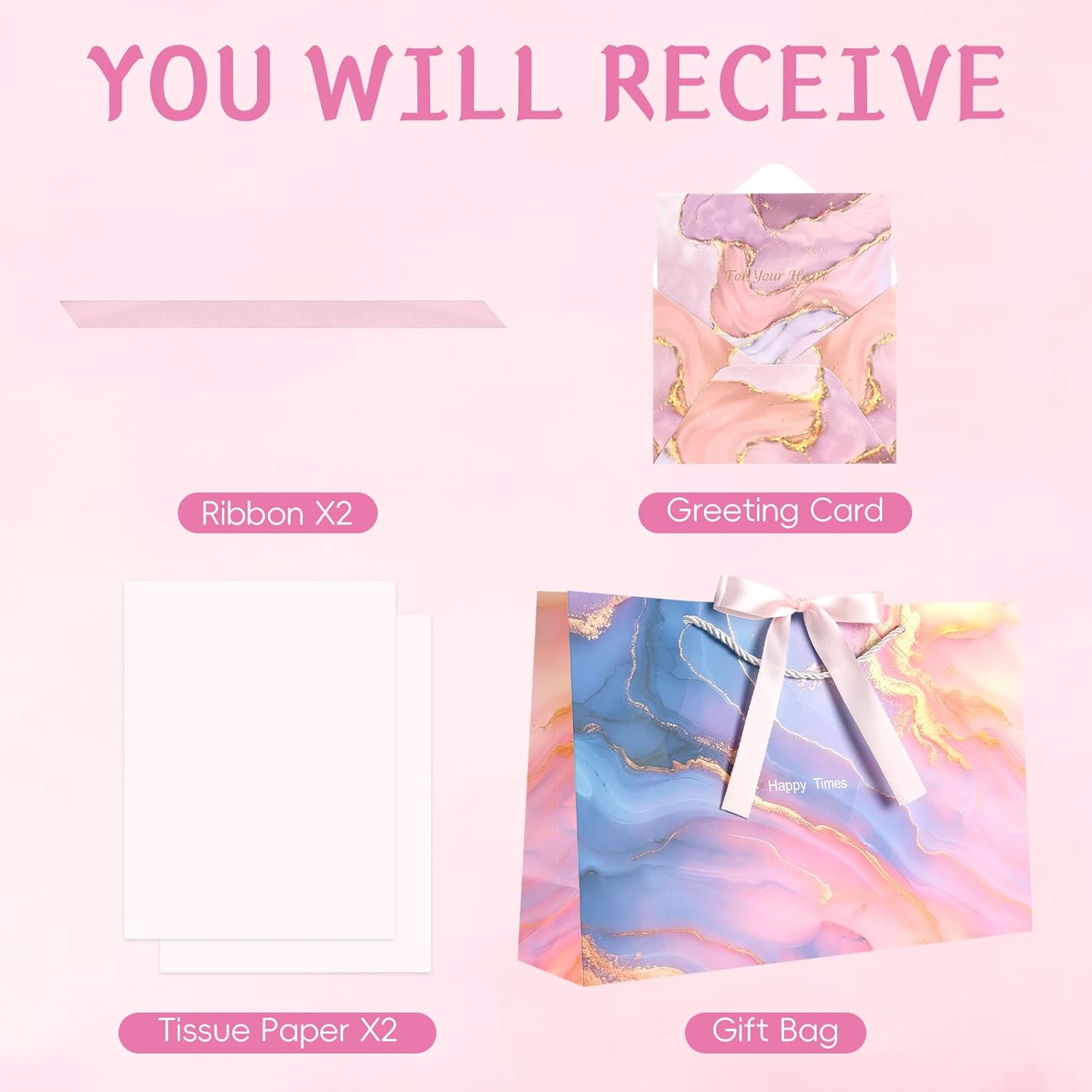 JMANNI Gift Bags, Valentines Gift Bags with Ribbon, Portable Paper Gift Bag, Marble Pattern, for Any Occasion, Including Valentines Day Baby Shower Birthday Party Wedding Mothers Day(LP11-DLS02-L - Image 2