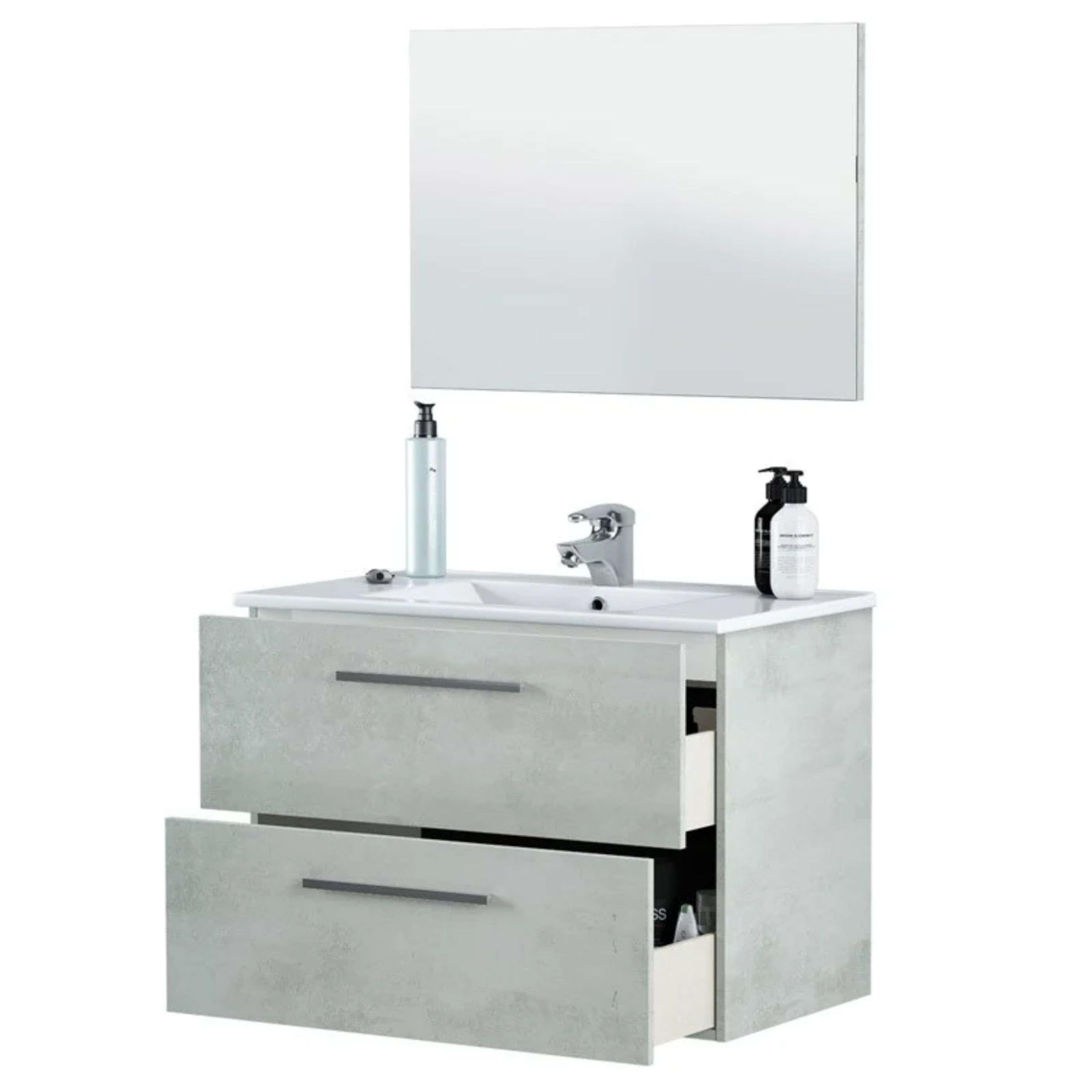 Pack de Muebles de Baño Aruba en Color Cemento o Blanco con Mueble de Baño, Columna, Espejo y Lavamanos Cerámico