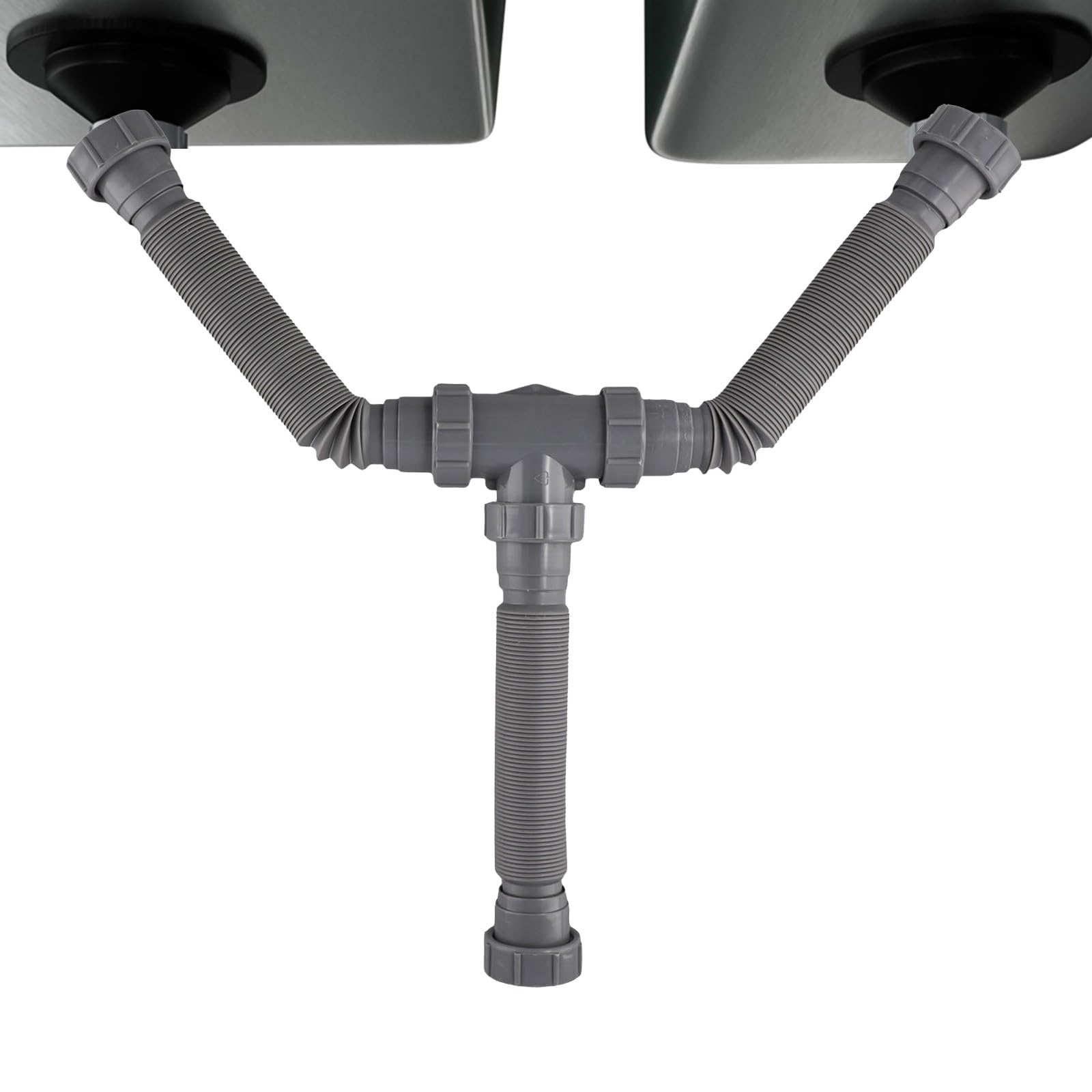 Kit di scarico doppio per lavello regolabile con sifone a P, tubo flessibile in plastica da 20-80 cm, lavello da 1-1/2 e 1-1/4", grigio